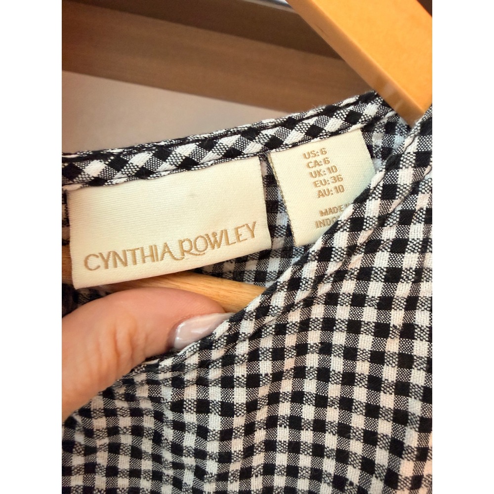 Cynthia Rowley Gingham Ruffle Sleeve Linen Blend Shift Dress Black White Size 6 - Picture 2 of 5